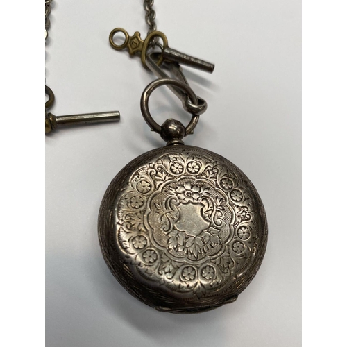 157 - A 19TH CENTURY SILVER LADIES FOB POCKET WATCH, white dial with roman numerals, engraved design surro... 