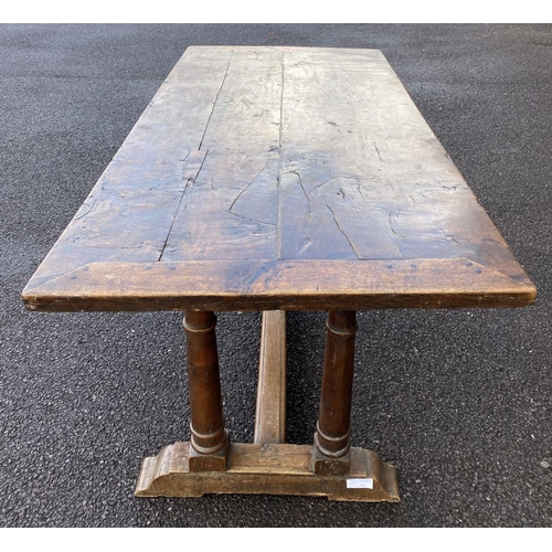 164 - AN 18TH CENTURY MAHOGANY REFECTORY TABLE, with carved supports to pedestal base with cross stretcher... 