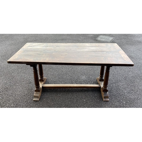 164 - AN 18TH CENTURY MAHOGANY REFECTORY TABLE, with carved supports to pedestal base with cross stretcher... 