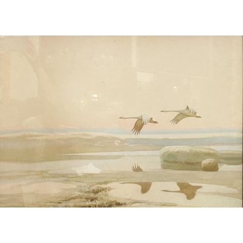 18 - AFTER KARL EWALD OLSZEWSKI, (Austrian/Romanian, 1884–1965), ‘FLIGHT OF THE SWANS’, coloured print, p... 