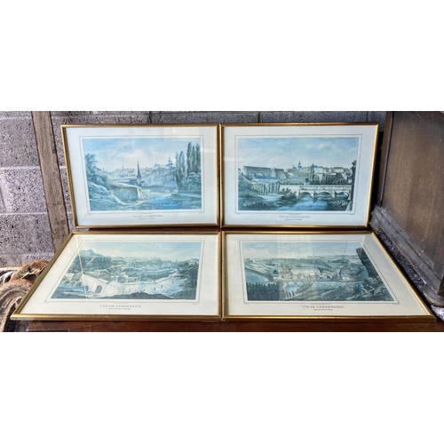 181 - A SET OF FOUR GILT FRAMED PRINTS, (i) VUE DE LUXEMBOUG, prise de la porte Thionville, coloured print... 