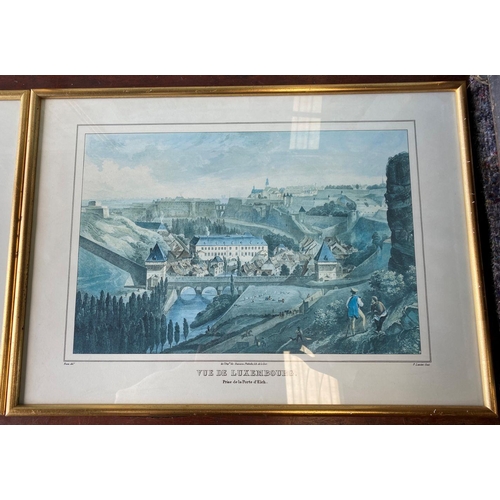 181 - A SET OF FOUR GILT FRAMED PRINTS, (i) VUE DE LUXEMBOUG, prise de la porte Thionville, coloured print... 