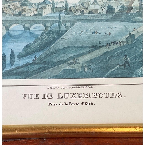 181 - A SET OF FOUR GILT FRAMED PRINTS, (i) VUE DE LUXEMBOUG, prise de la porte Thionville, coloured print... 