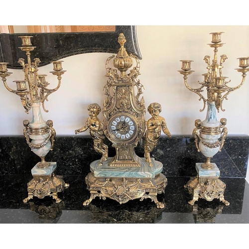 2 - AN IMPERIAL BREVETTATO BRASS AND MARBLE FRANZ HERMLE CLOCK AND CANDLEABRAS, clock with ornate design... 