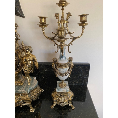 2 - AN IMPERIAL BREVETTATO BRASS AND MARBLE FRANZ HERMLE CLOCK AND CANDLEABRAS, clock with ornate design... 