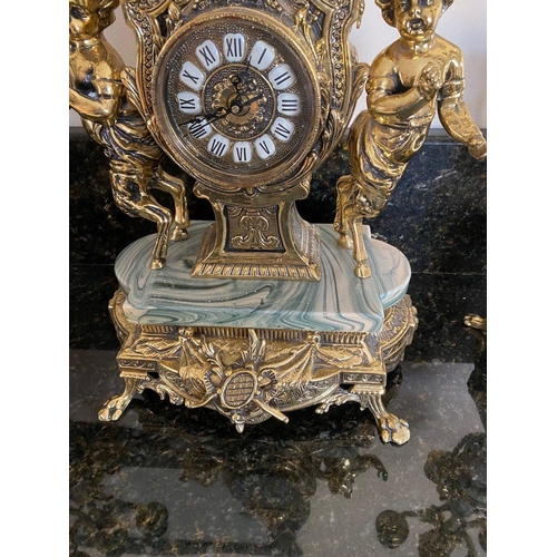 2 - AN IMPERIAL BREVETTATO BRASS AND MARBLE FRANZ HERMLE CLOCK AND CANDLEABRAS, clock with ornate design... 