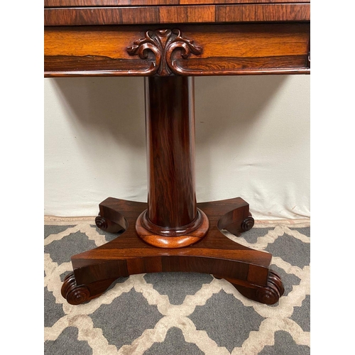 20 - A WILLIAM IV ROSEWOOD CARD TABLE with carved scroll detail to front, deep blue baize to interior, su... 