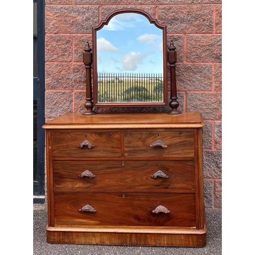 27 - A 19TH CENTURY MAHOGANY VANITY DRESSING TABLE, with arched swing mirror on turned supports, four dra... 