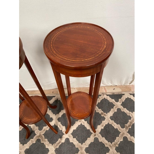 29 - A LOVELY PAIR OF MAHOGANY INLAID POT STANDS, circular inlay detail to top and undertier, further inl... 