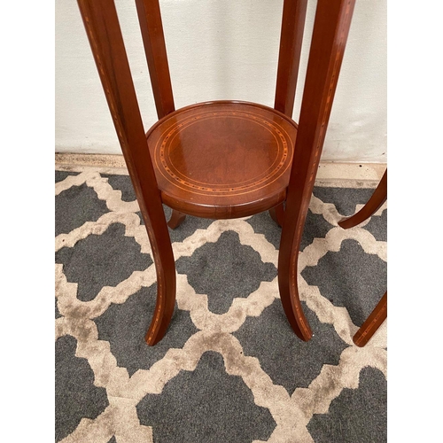 29 - A LOVELY PAIR OF MAHOGANY INLAID POT STANDS, circular inlay detail to top and undertier, further inl... 