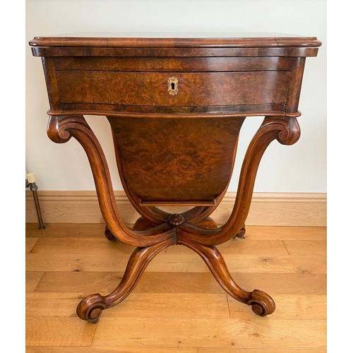 30 - AN EXCELLENT VICTORIAN BURR WALNUT GAMES TABLE, shaped top with draught board and backgammon to inte... 