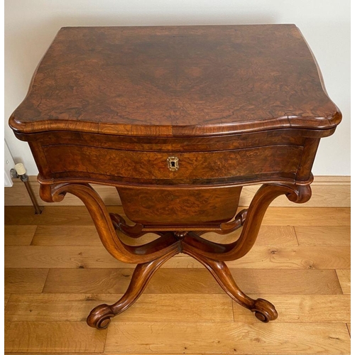 30 - AN EXCELLENT VICTORIAN BURR WALNUT GAMES TABLE, shaped top with draught board and backgammon to inte... 