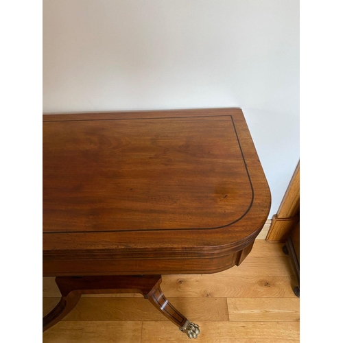 4 - AN IRISH CORK STYLE RECENCY CARD TABLE, with black ebony string inlay, two turned supports, standing... 