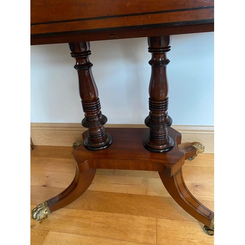 4 - AN IRISH CORK STYLE RECENCY CARD TABLE, with black ebony string inlay, two turned supports, standing... 