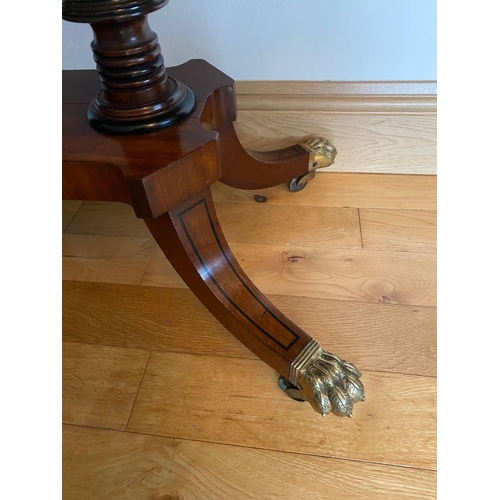 4 - AN IRISH CORK STYLE RECENCY CARD TABLE, with black ebony string inlay, two turned supports, standing... 