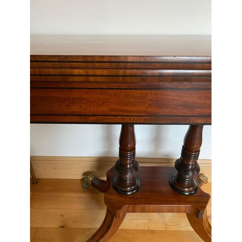 4 - AN IRISH CORK STYLE RECENCY CARD TABLE, with black ebony string inlay, two turned supports, standing... 