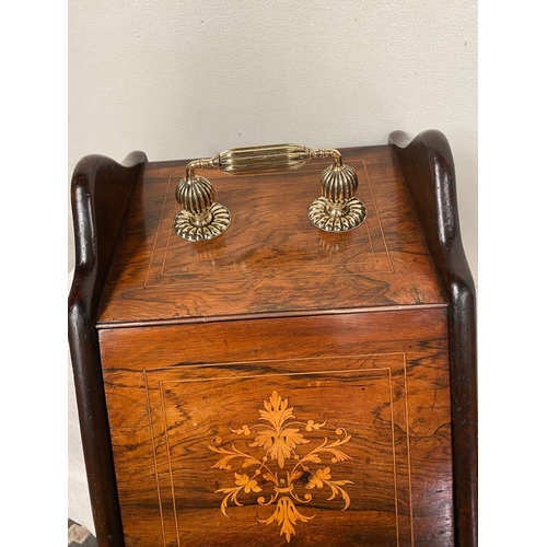 46 - A ROSEWOOD INLAID SLANT FRONT COAL BOX, with fine floral inlay to front, shaped sides, engraved bras... 