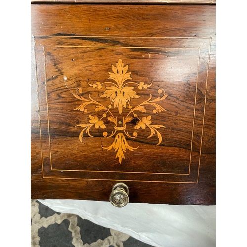 46 - A ROSEWOOD INLAID SLANT FRONT COAL BOX, with fine floral inlay to front, shaped sides, engraved bras... 