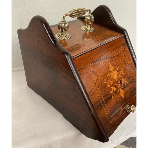 46 - A ROSEWOOD INLAID SLANT FRONT COAL BOX, with fine floral inlay to front, shaped sides, engraved bras... 