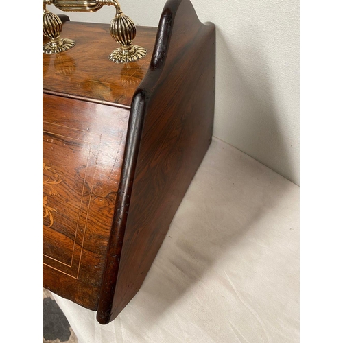 46 - A ROSEWOOD INLAID SLANT FRONT COAL BOX, with fine floral inlay to front, shaped sides, engraved bras... 