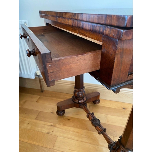 48 - A WILLIAM IV ROSEWOOD GAMES TABLE, with draught board to interior, standing on column legs supported... 