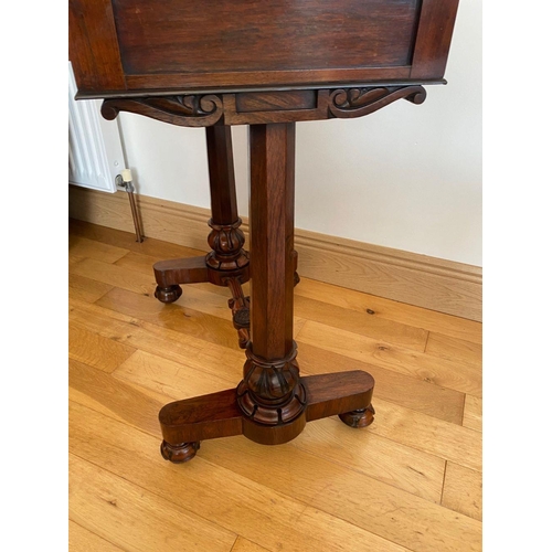 48 - A WILLIAM IV ROSEWOOD GAMES TABLE, with draught board to interior, standing on column legs supported... 