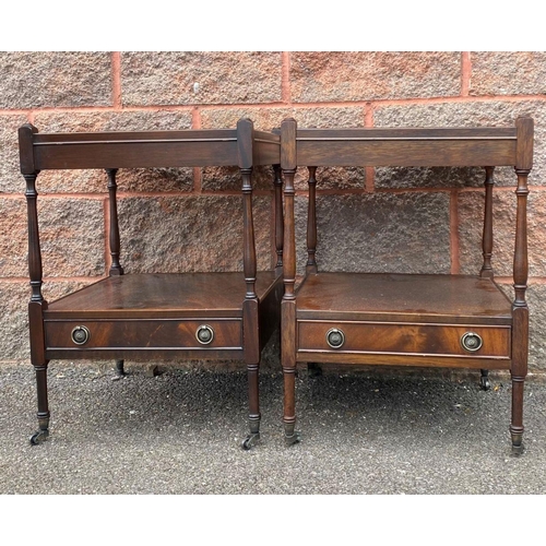 50 - A PAIR OF GEORGIAN STYLE MAHOGANY WHATNOT BEDSIDE TABLES, two tiers on turned supports, drawer benea... 