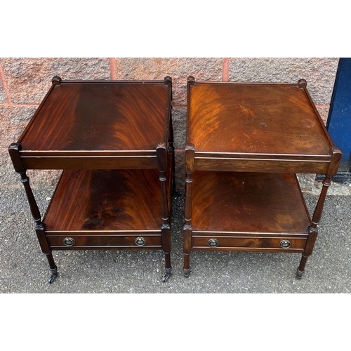 50 - A PAIR OF GEORGIAN STYLE MAHOGANY WHATNOT BEDSIDE TABLES, two tiers on turned supports, drawer benea... 