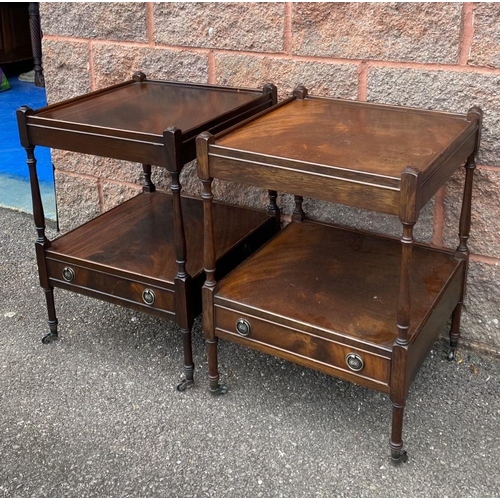 50 - A PAIR OF GEORGIAN STYLE MAHOGANY WHATNOT BEDSIDE TABLES, two tiers on turned supports, drawer benea... 