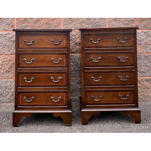 51 - A PAIR OF MAHOGANY INLAID BEDSIDE CHESTS, four drawers with brass handles, inlay detail to drawers a... 