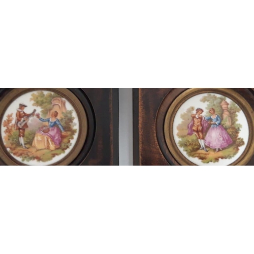 52 - A WONDERFUL PAIR OF VINTAGE FRENCH FRAMED PORCELAIN MINIATURE PAINTINGS, circular paintings on porce... 