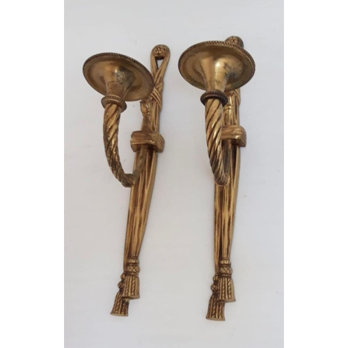 53 - A PAIR OF VINTAGE GILT BRASS SINGLE LIGHT WALL SCONCES, base with rope and tassel design. Dimensions... 