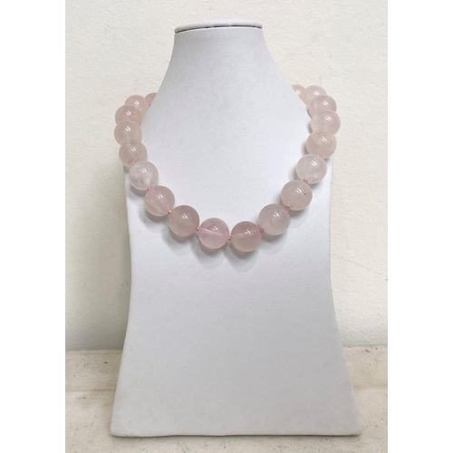 65 - A LOVELY ROSE QUARTZ BEADED NECKLACE, with silver tone clasp, 27cm long approx.