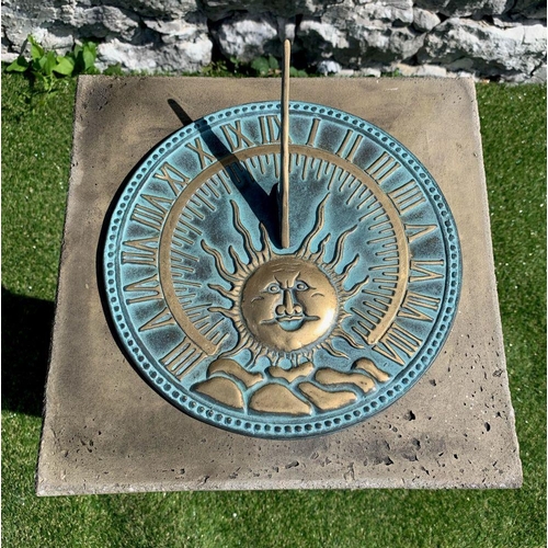 74 - A DECORATIVE BRONZE GARDEN SUNDIAL ON STONE CORINTHIUM COLUMN BASE, dimensions: 35 inches high x 13 ... 