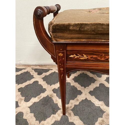 85 - A GOOD ROSEWOOD INLAID PIANO SEAT, upholstered with embroidered fabric, with turned supports to armr... 