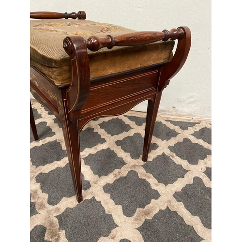 85 - A GOOD ROSEWOOD INLAID PIANO SEAT, upholstered with embroidered fabric, with turned supports to armr... 