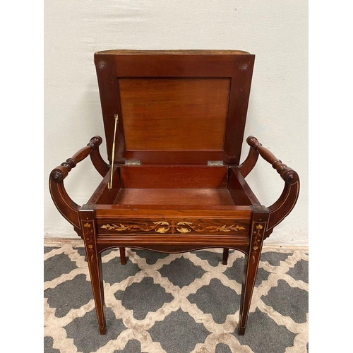 85 - A GOOD ROSEWOOD INLAID PIANO SEAT, upholstered with embroidered fabric, with turned supports to armr... 