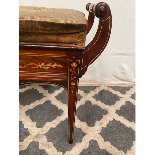 85 - A GOOD ROSEWOOD INLAID PIANO SEAT, upholstered with embroidered fabric, with turned supports to armr... 