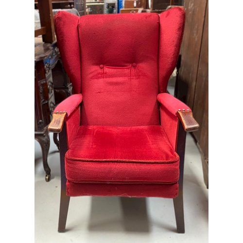 90 - A MAHOGANY WINGBACK ARMCHAIR, with button-back red upholstery, dimensions: 94cm high x 57cm wide x 6... 