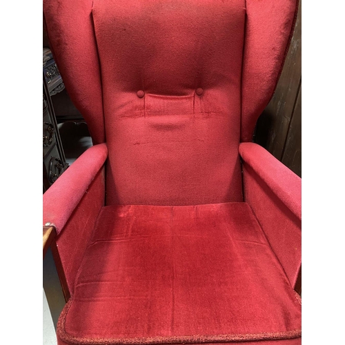 90 - A MAHOGANY WINGBACK ARMCHAIR, with button-back red upholstery, dimensions: 94cm high x 57cm wide x 6... 