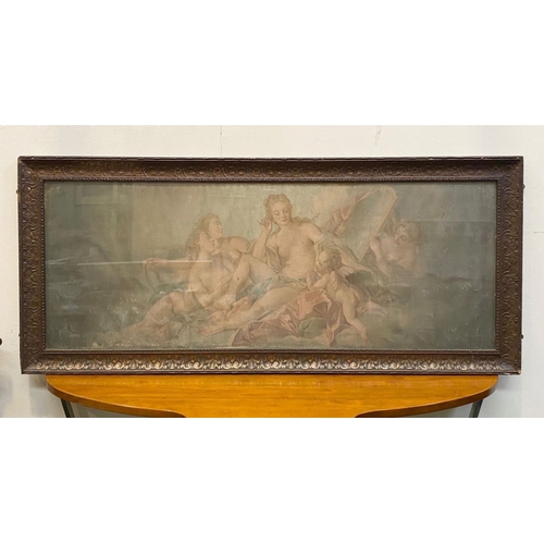 95 - A GILT FRAMED CLASSICAL PRINT, coloured print reproduction depicting reclining Venus and Cupid surro... 