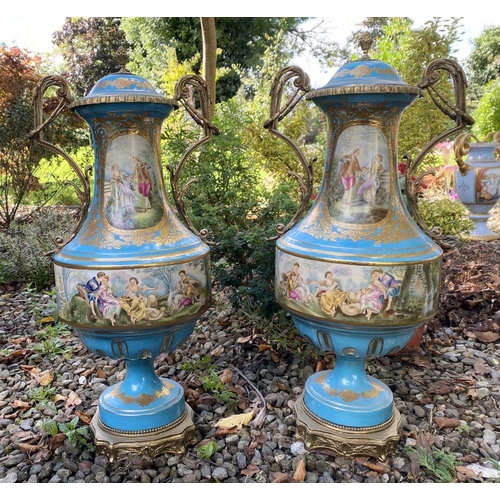 1 - A PAIR OF EXCEPTIONAL FRENCH SERVES STYLE PORCELAIN VASES, urn form, finely decorated with painted p... 