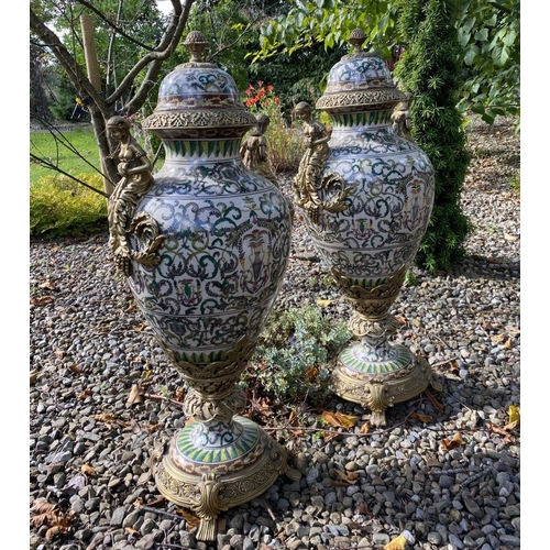 10 - A PAIR OF CHINESE PORCELAIN COVERED VASES, with ornate decoration including painted foliage design t... 