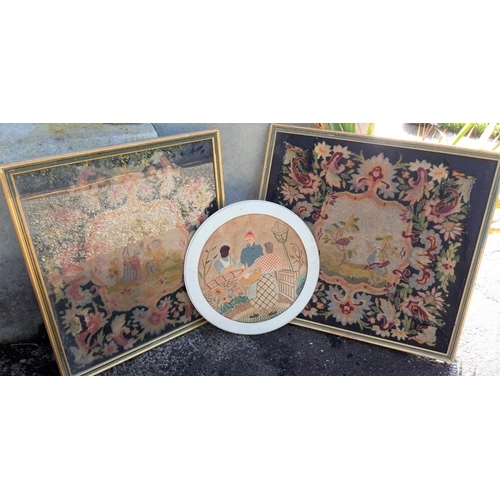 101 - A PAIR OF FRAMED ANTIQUE WOOLWORK TAPESTRIES, traditional designs with one featuring courting figura... 