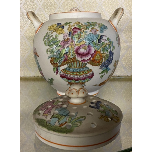 102 - A CHINESE FAMILLE ROSE DOUBLE HANDLED LIDDED BOWL, decorated with figural painted scenes, with two l... 