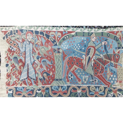 104 - A FINE NORWEGIAN TAPESTRY, ‘BALDISHOL’, depicting medieval scene with two figures, one amongst birds... 