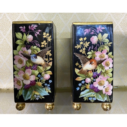 106 - A PAIR OF VINTAGE PAINTED PORCELAIN VASES, rectangular form, painted with birds amongst foliage and ... 