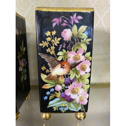 106 - A PAIR OF VINTAGE PAINTED PORCELAIN VASES, rectangular form, painted with birds amongst foliage and ... 