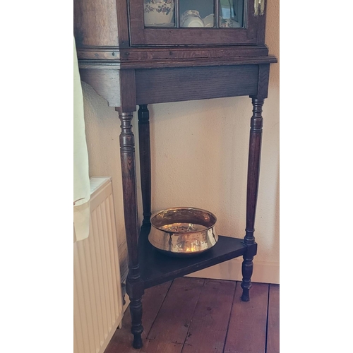 111 - A VERY GOOD QUALITY 18TH CENTURY OAK GLAZED CORNER CABINET ON STAND, the corner cabinet to the top h... 