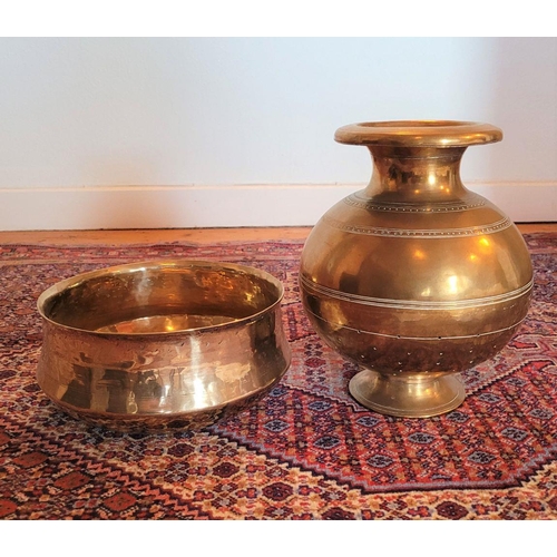 114 - A MIXED POLISHED BRASS LOT, possibly Indian, includes a bowl & pot, the pot with pierced body - poss... 